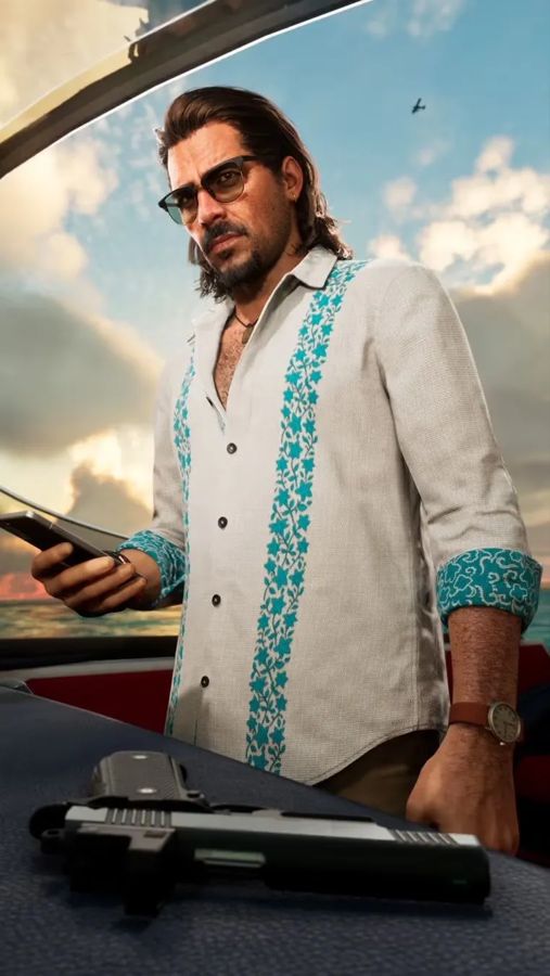 Personaggio su un motoscafo, screenshot ufficiale GTA VI